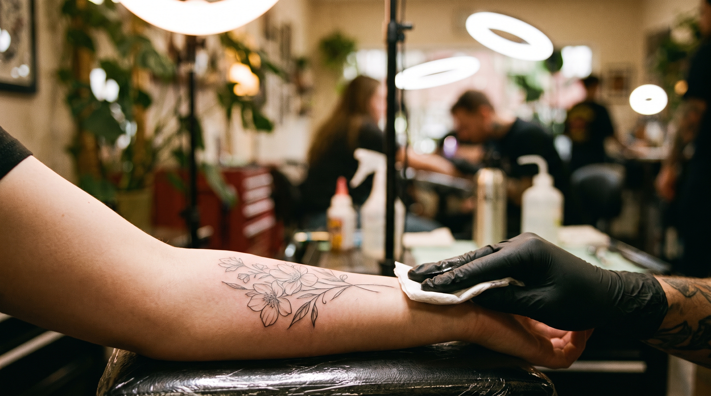 A fresh fine-line black and grey piece, photographed right after the session